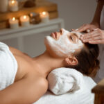 Young beautiful girl in mask for face relaxing in spa salon.